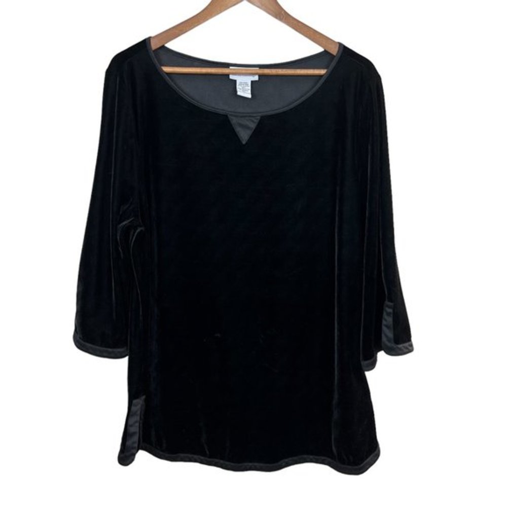 Soft Surrounding Tunic Top Large Black Velvet Stretch 3/4 Sleeve Slits